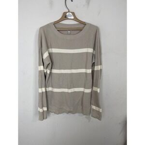 LL Bean Mens Sweater XL Gray White Striped Waffle Knit Pullover Crewneck Cotton